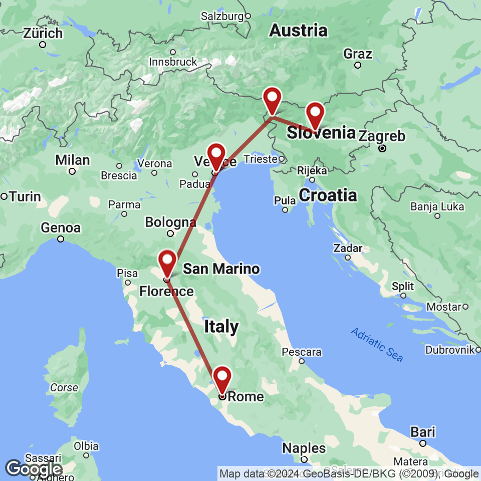 Route for Rome, Florence, Venice, Bovec, Ljubljana tour